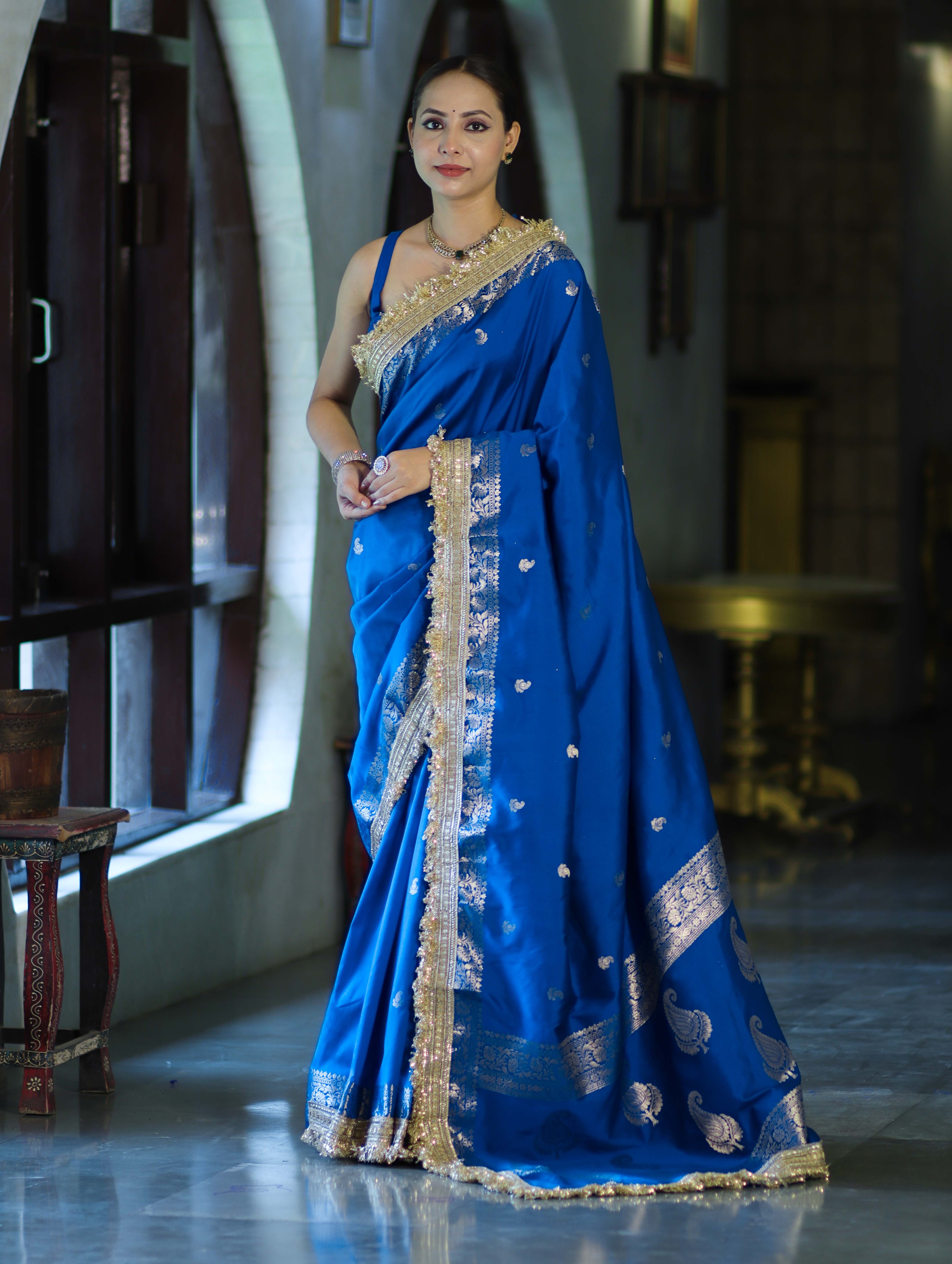 Banarasee Handloom Semi Silk Saree With Zari Buti Design Border & Lace-Blue