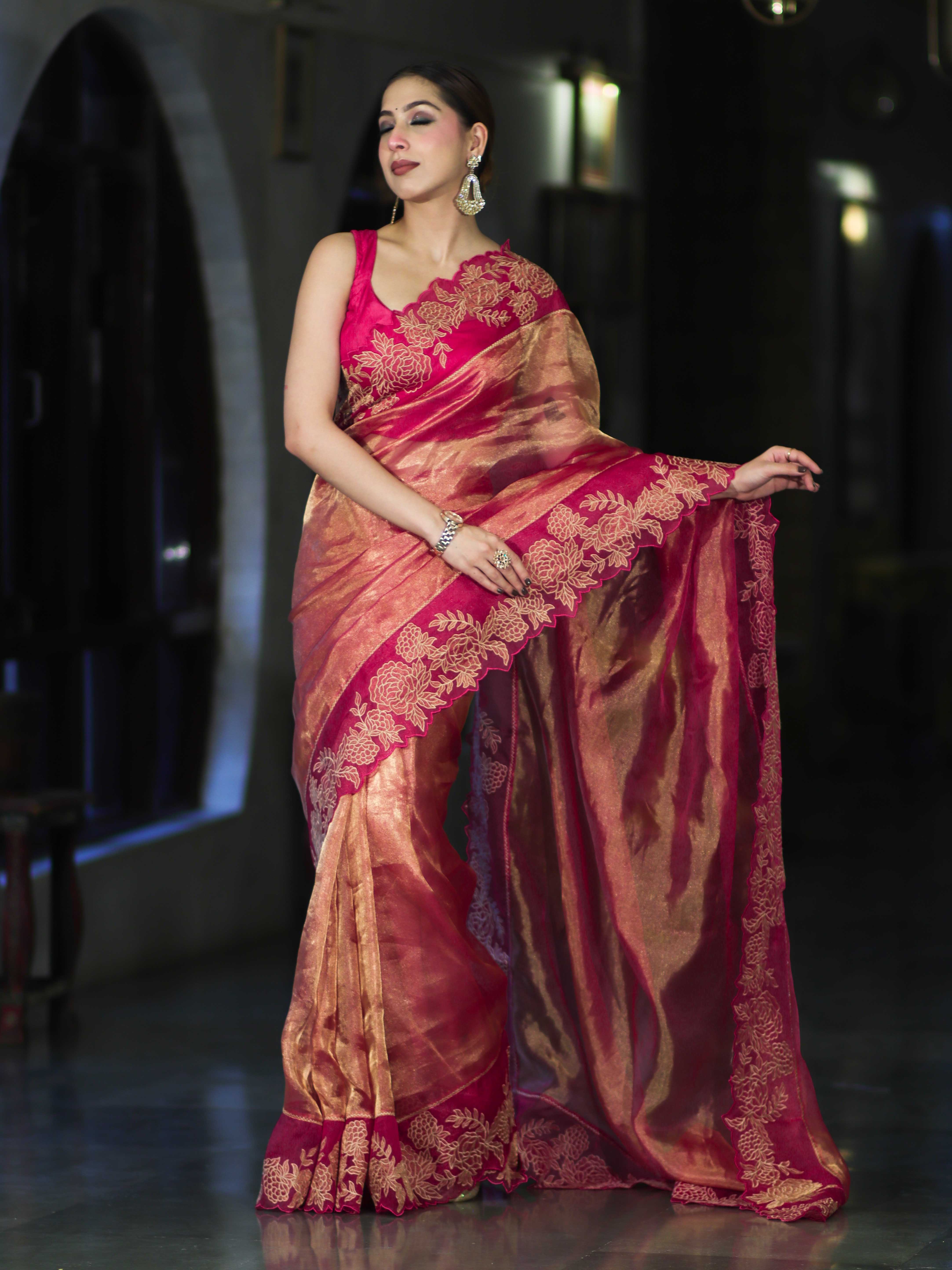 Banarasee Pure Tissue Silk Saree With Applique Cutwork Floral Embroidery Border-Pink (Gold Tone)