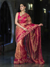 Banarasee Pure Tissue Silk Saree With Applique Cutwork Floral Embroidery Border-Pink (Gold Tone)