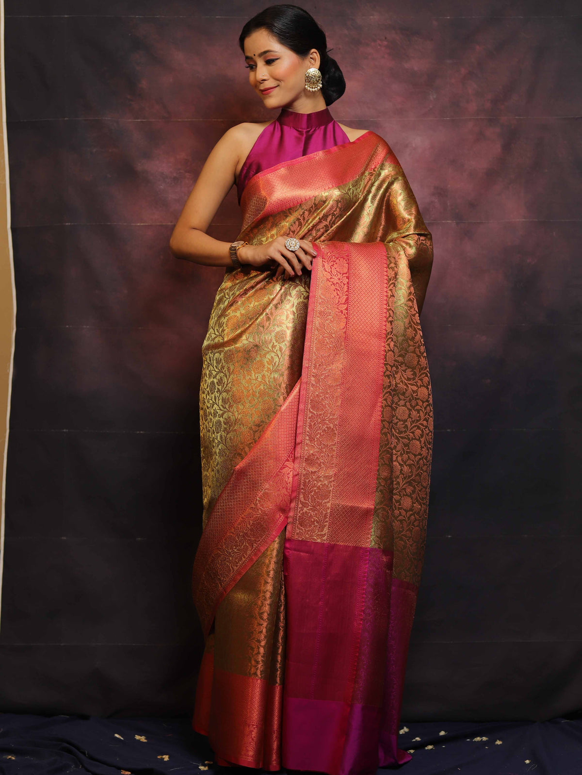 Banarasi Handloom Silk Saree with Gold Oxidised Zari Woven Paisleys in a rich jaal