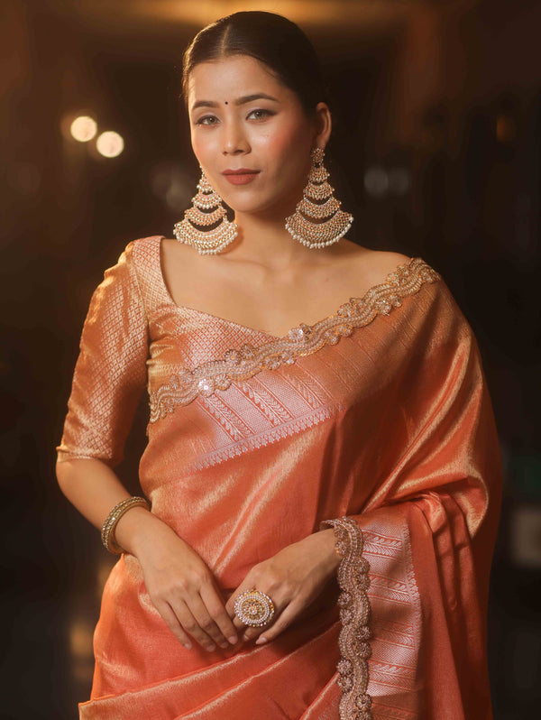 Banarasee Handwoven Plain Tissue Saree With Zari Border & Lace-Peach