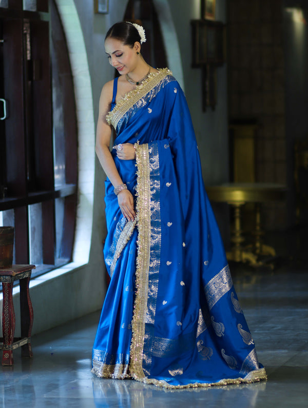 Banarasee Handloom Semi Silk Saree With Zari Buti Design Border & Lace-Blue
