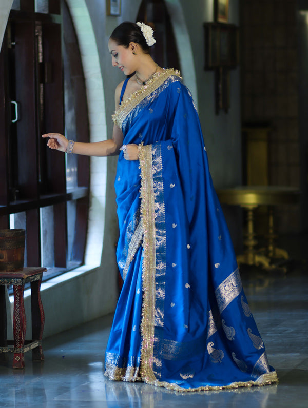 Banarasee Handloom Semi Silk Saree With Zari Buti Design Border & Lace-Blue