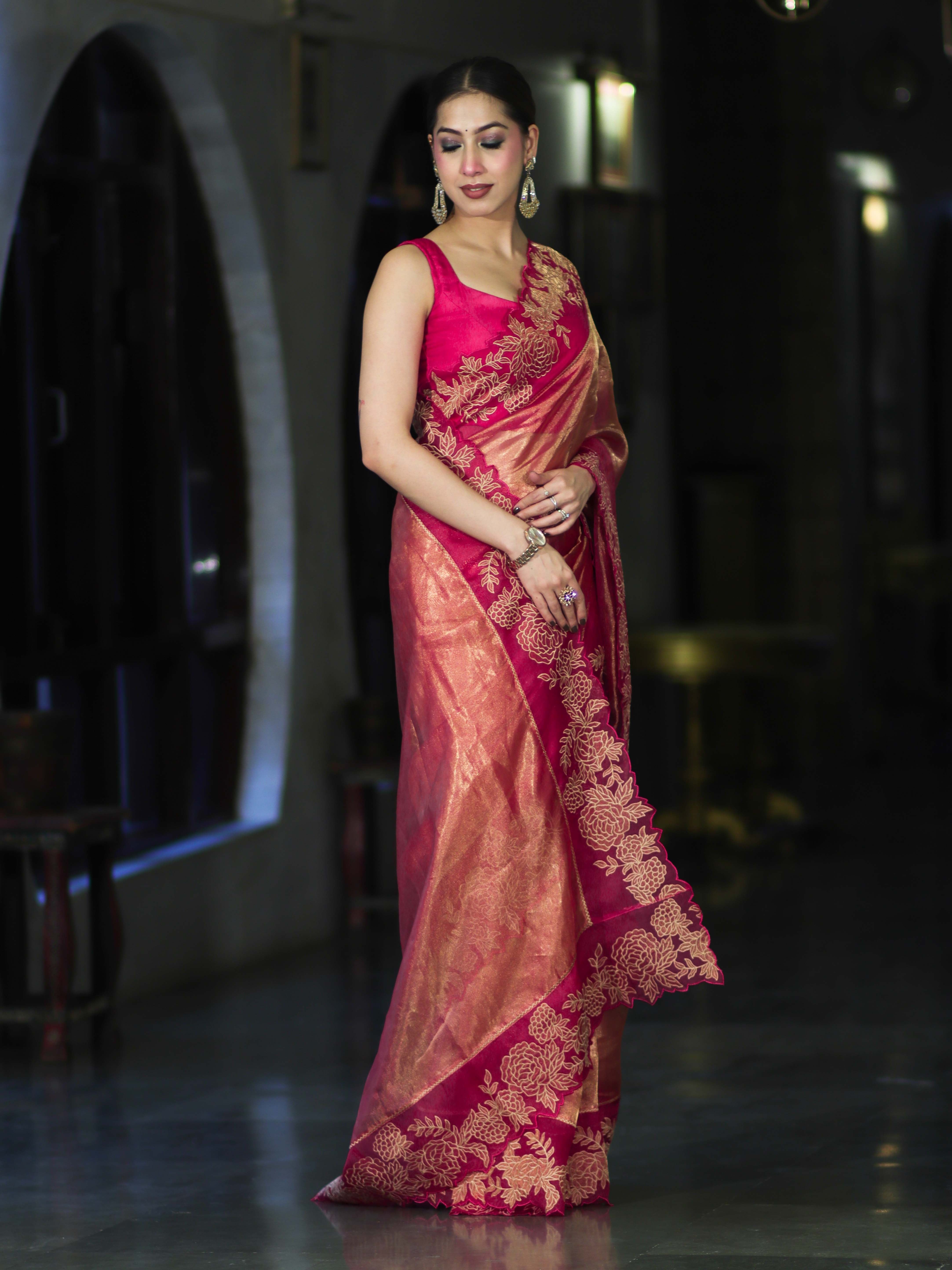Banarasee Pure Tissue Silk Saree With Applique Cutwork Floral Embroidery Border-Pink (Gold Tone)