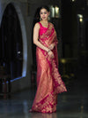 Banarasee Pure Tissue Silk Saree With Applique Cutwork Floral Embroidery Border-Pink (Gold Tone)