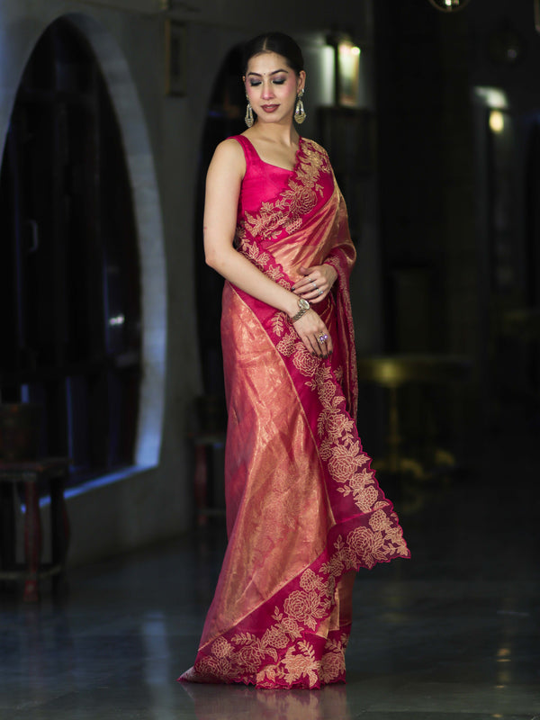 Banarasee Pure Tissue Silk Saree With Applique Cutwork Floral Embroidery Border-Pink (Gold Tone)