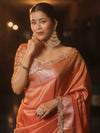 Banarasee Handwoven Plain Tissue Saree With Zari Border & Lace-Peach