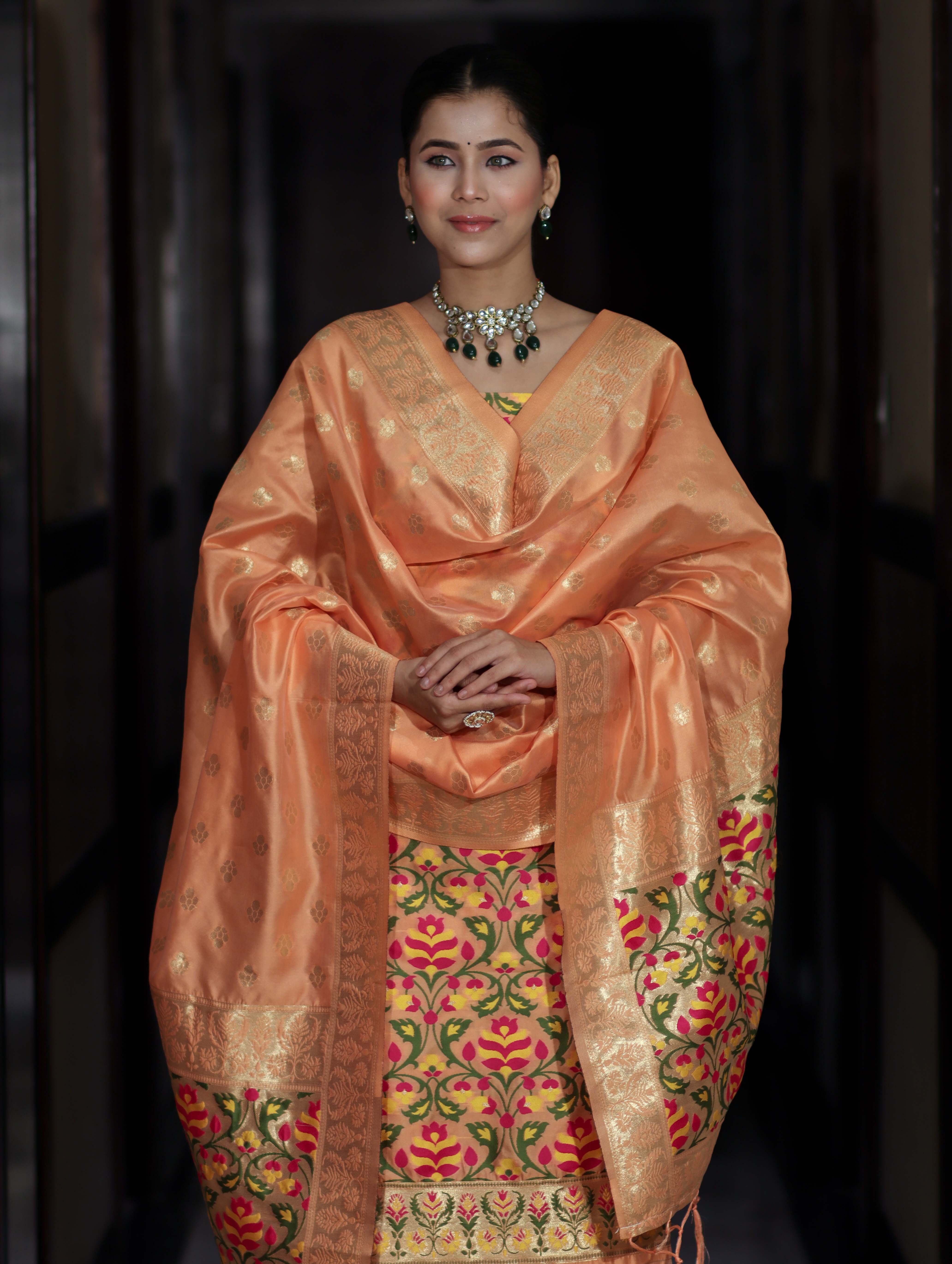 Banarasee Semi-Silk Zari & Resham Work Salwar Kameez Fabric With Dupatta Set-Peach