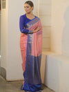 Banarasee Handloom Mirror Work Dupion Saree With Contrast Border-Pink & Blue