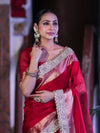 Banarasee Plain Tissue Saree With Swarovski Work Pallu & Zari Lace Border-Red