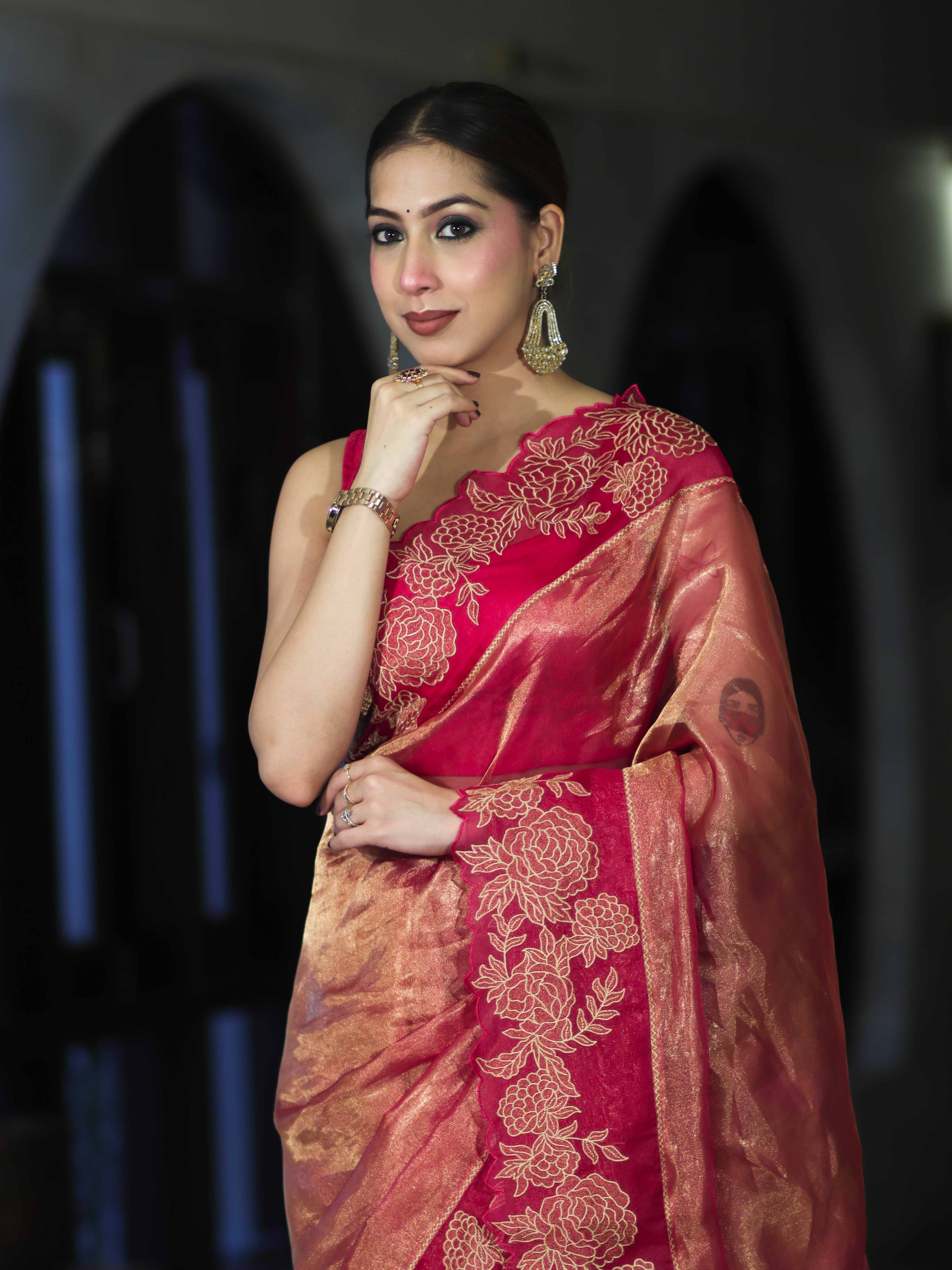 Banarasee Pure Tissue Silk Saree With Applique Cutwork Floral Embroidery Border-Pink (Gold Tone)