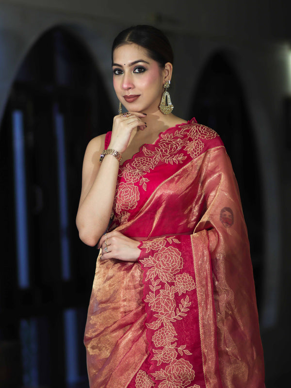 Banarasee Pure Tissue Silk Saree With Applique Cutwork Floral Embroidery Border-Pink (Gold Tone)