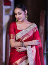 Banarasee Plain Tissue Saree With Swarovski Work Pallu & Zari Lace Border-Red