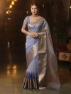 Banarasee Organza Dual Color Plain Saree With Zari Border Design-Pastel Blue