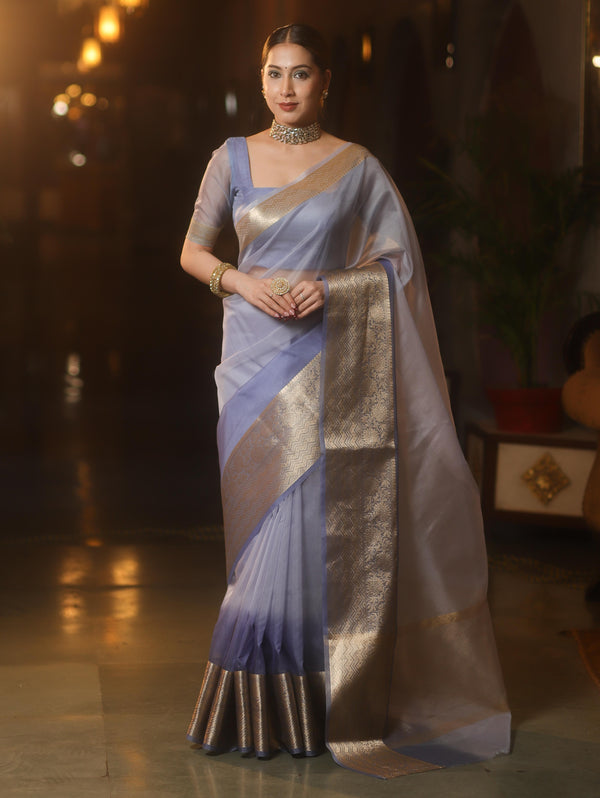Banarasee Organza Dual Color Plain Saree With Zari Border Design-Pastel Blue