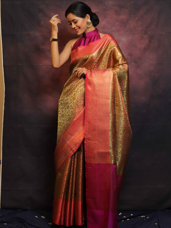 Banarasee Handwoven Broad Border Zari Jaal Design Tissue Saree-Gold & Pink