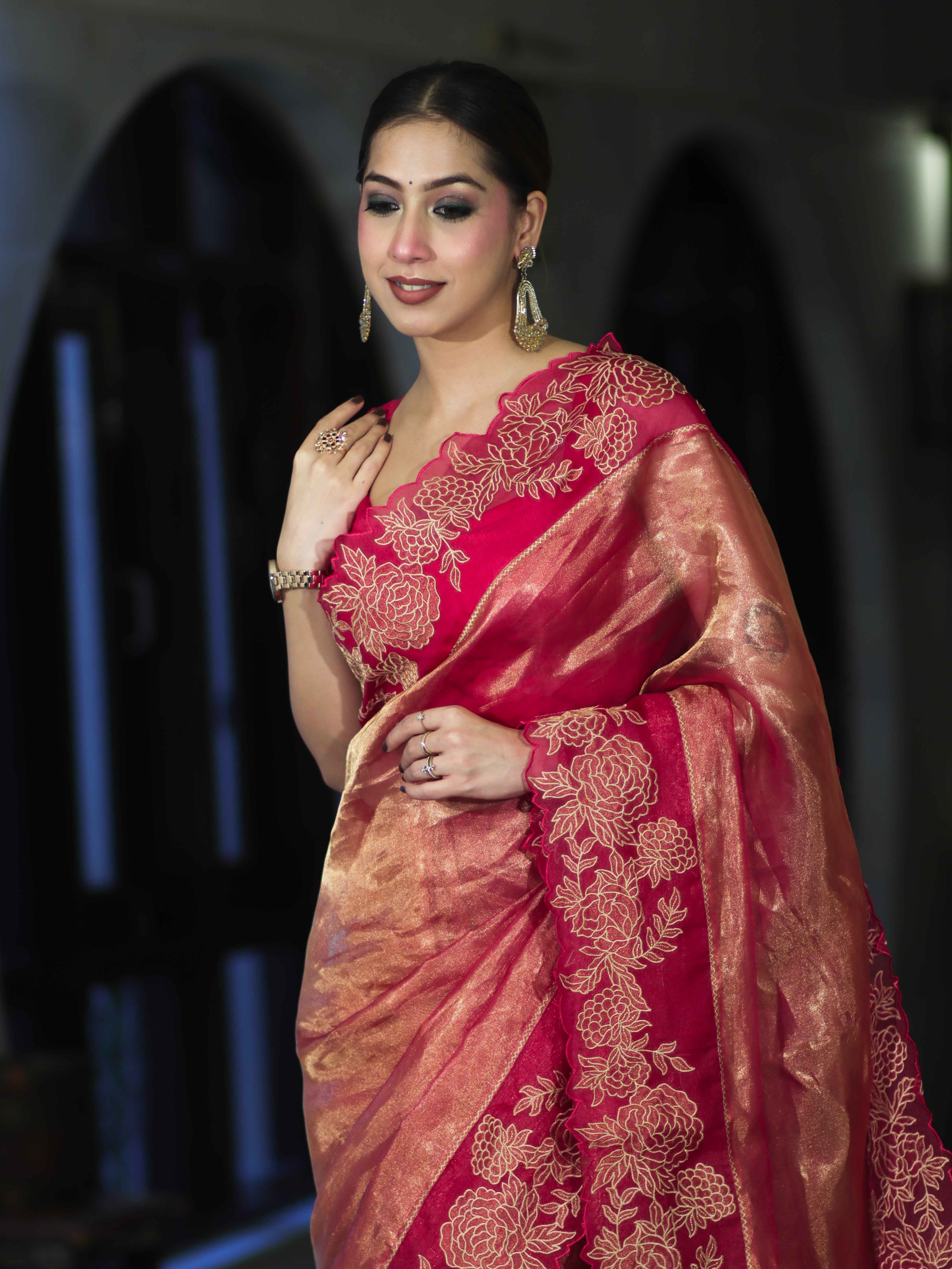 Banarasee Pure Tissue Silk Saree With Applique Cutwork Floral Embroidery Border-Pink (Gold Tone)