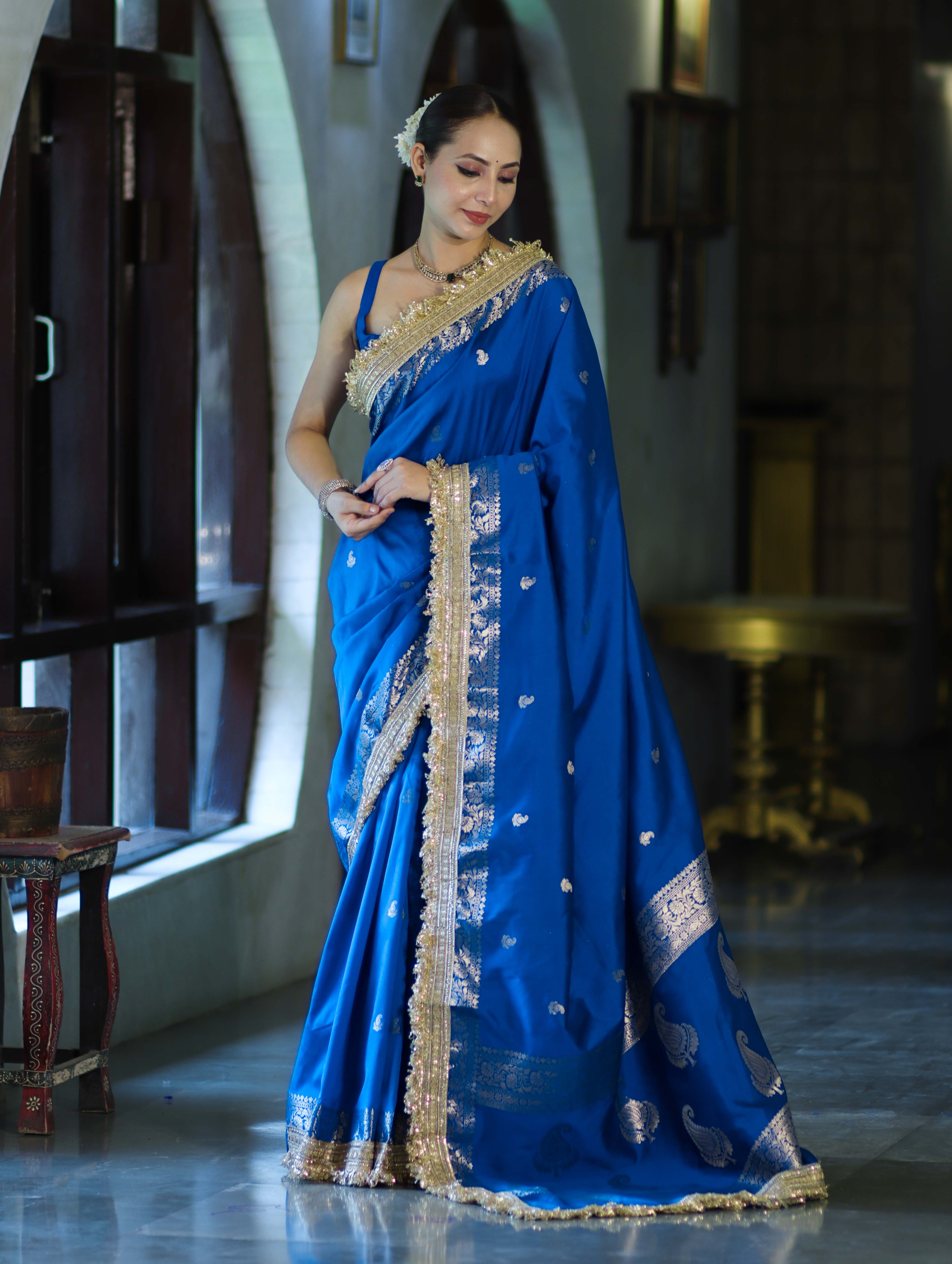 Banarasee Handloom Semi Silk Saree With Zari Buti Design Border & Lace-Blue