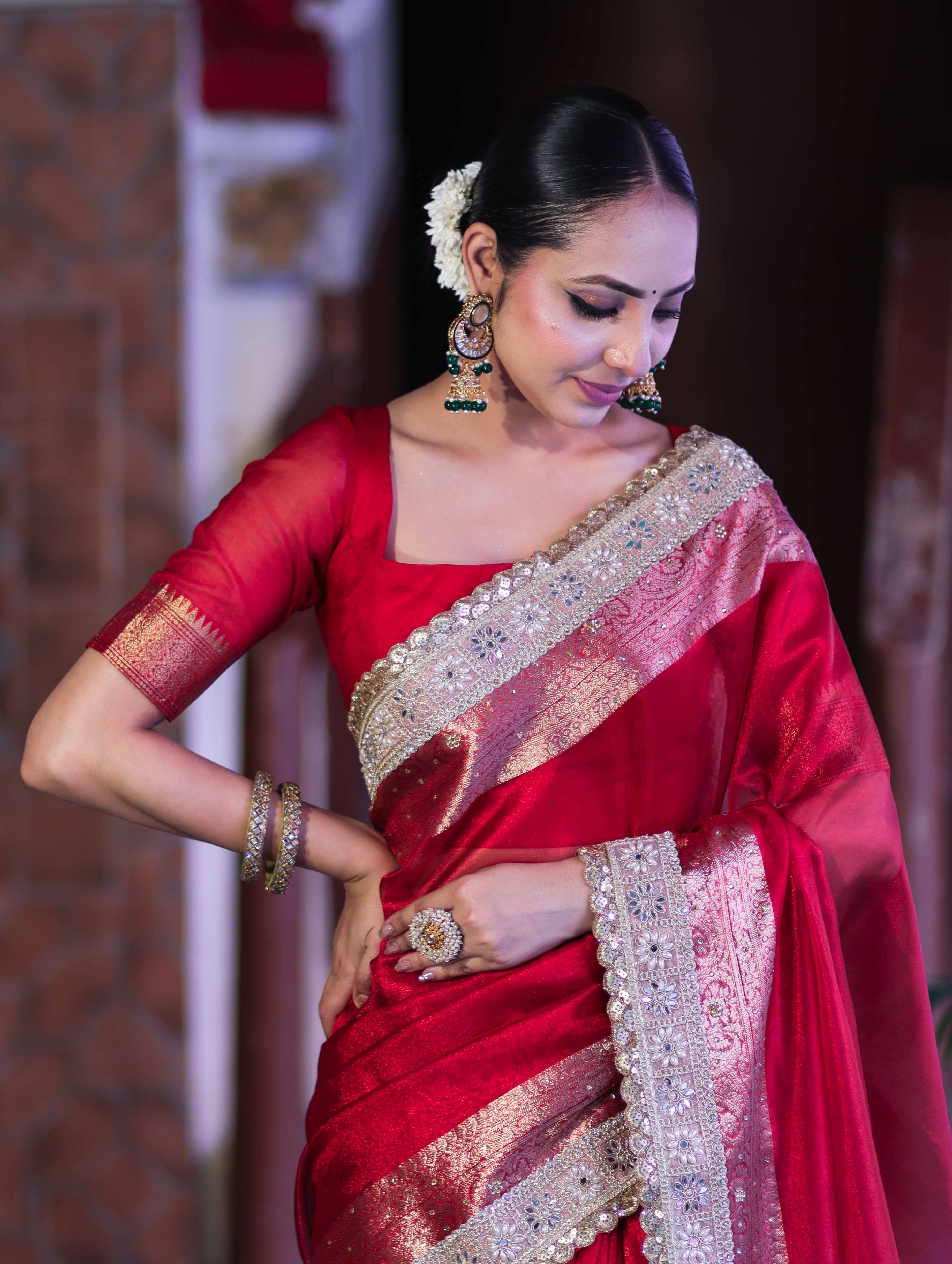 Banarasee Plain Tissue Saree With Swarovski Work Pallu & Zari Lace Border-Red