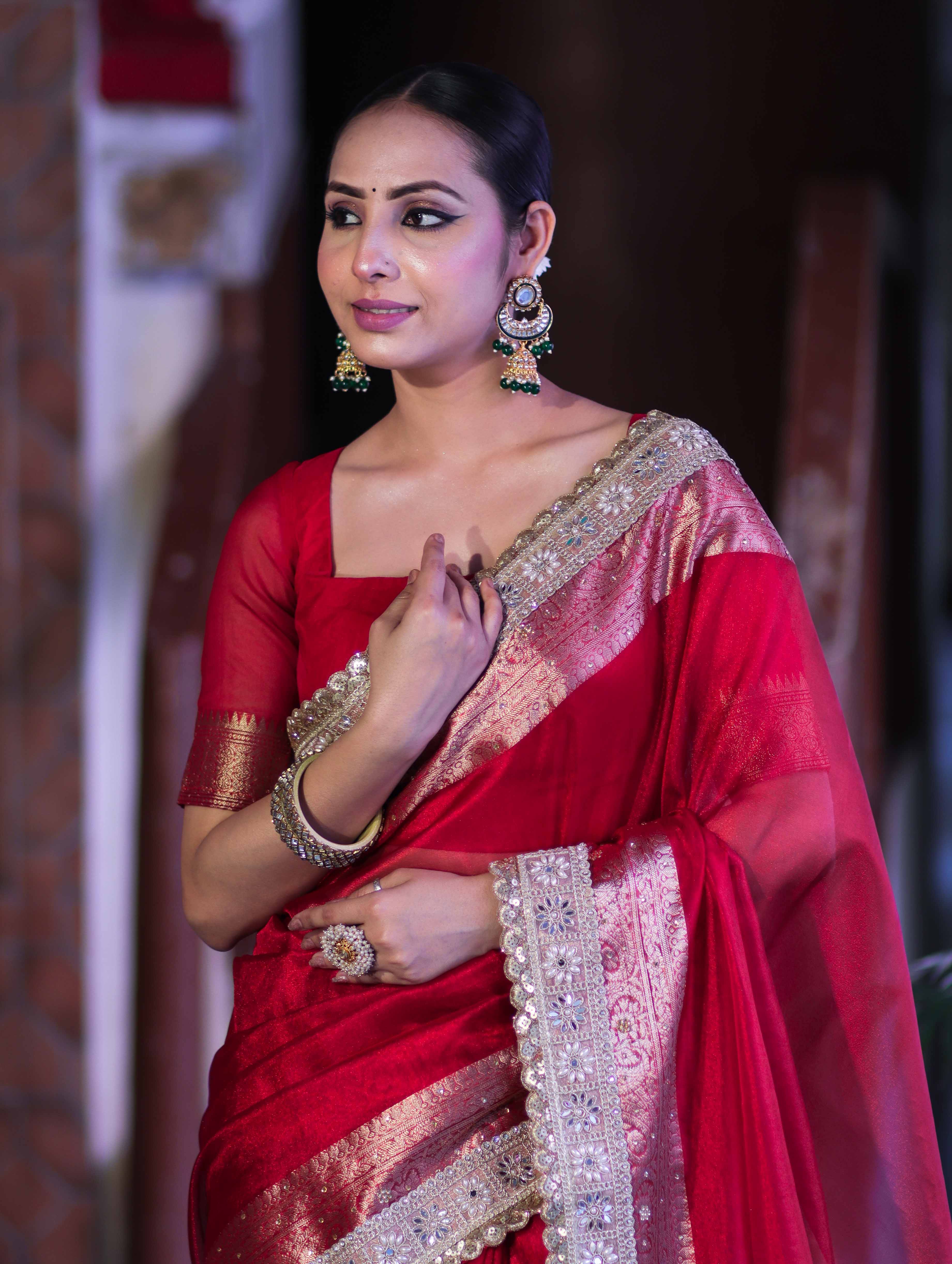 Banarasee Plain Tissue Saree With Swarovski Work Pallu & Zari Lace Border-Red