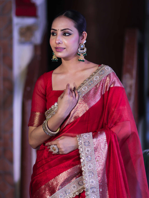 Banarasee Plain Tissue Saree With Swarovski Work Pallu & Zari Lace Border-Red
