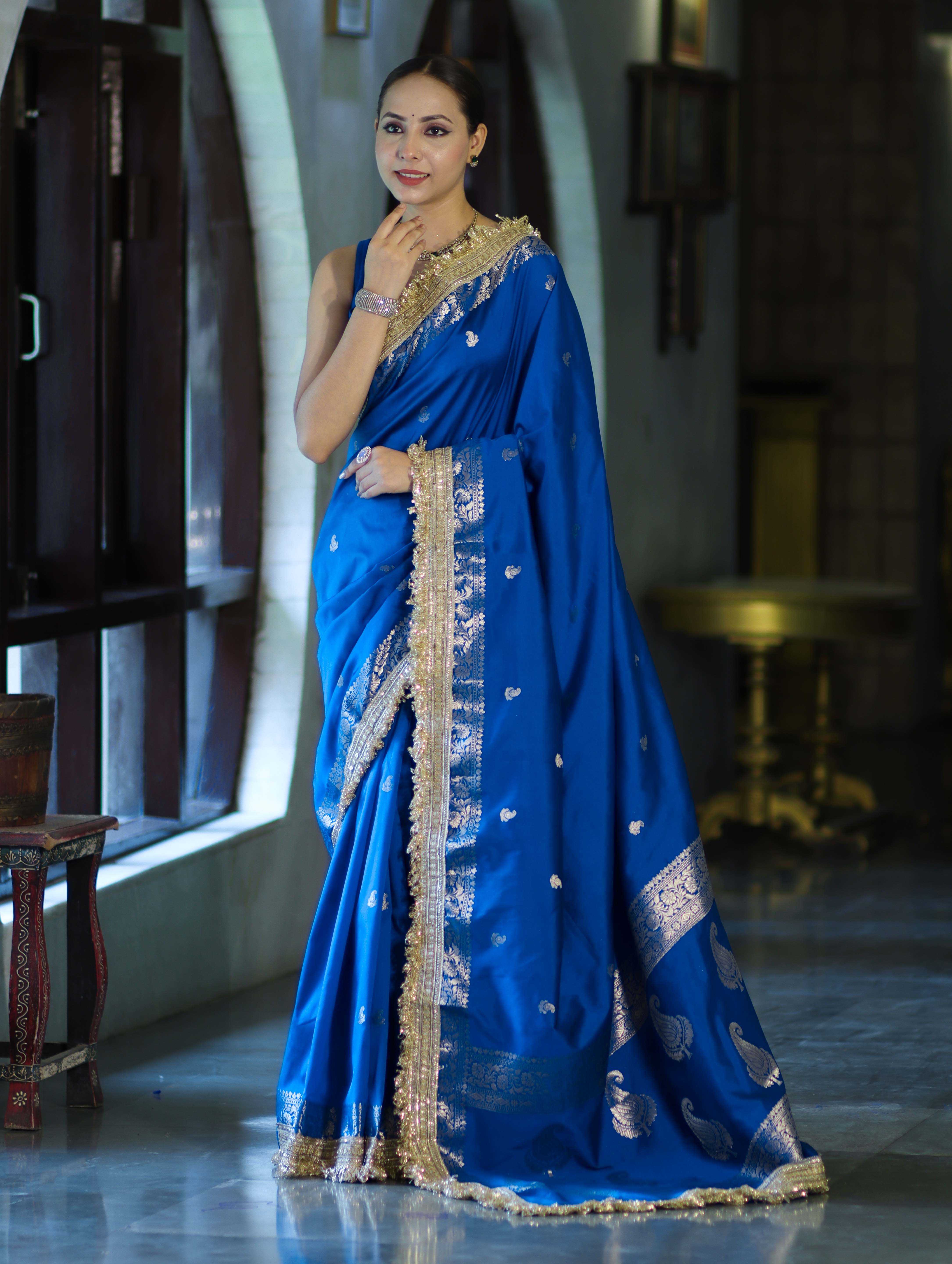 Banarasee Handloom Semi Silk Saree With Zari Buti Design Border & Lace-Blue