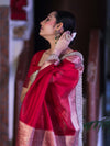 Banarasee Plain Tissue Saree With Swarovski Work Pallu & Zari Lace Border-Red
