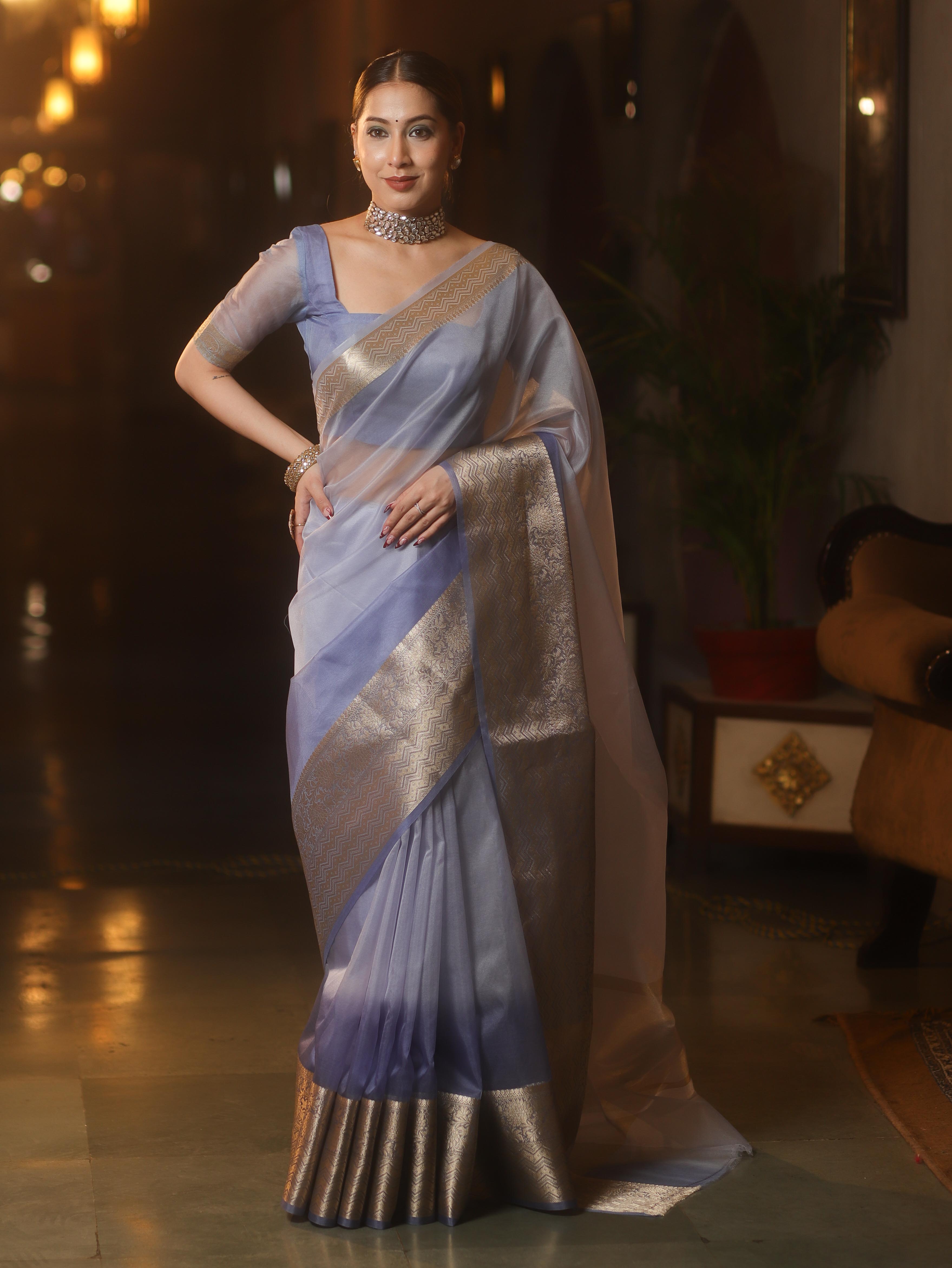 Banarasee Organza Dual Color Plain Saree With Zari Border Design-Pastel Blue