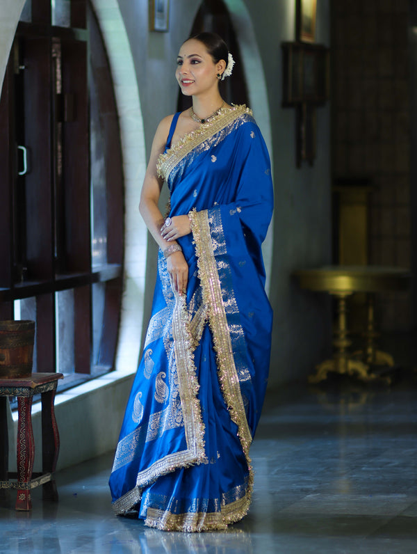 Banarasee Handloom Semi Silk Saree With Zari Buti Design Border & Lace-Blue