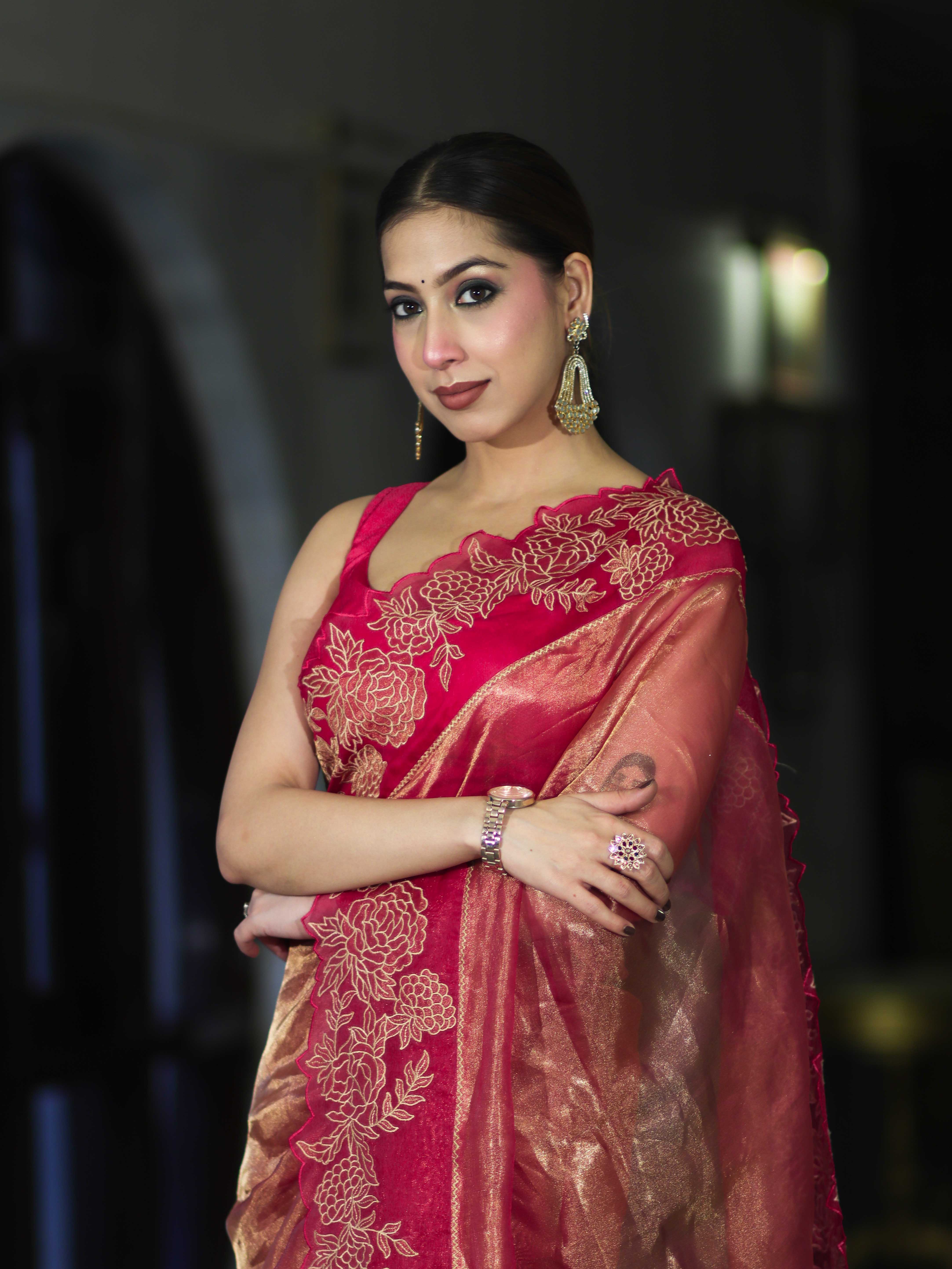 Banarasee Pure Tissue Silk Saree With Applique Cutwork Floral Embroidery Border-Pink (Gold Tone)