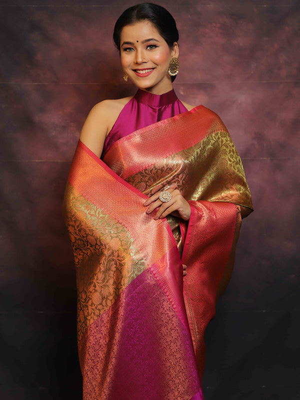 Banarasee Handwoven Broad Border Zari Jaal Design Tissue Saree-Gold & Pink