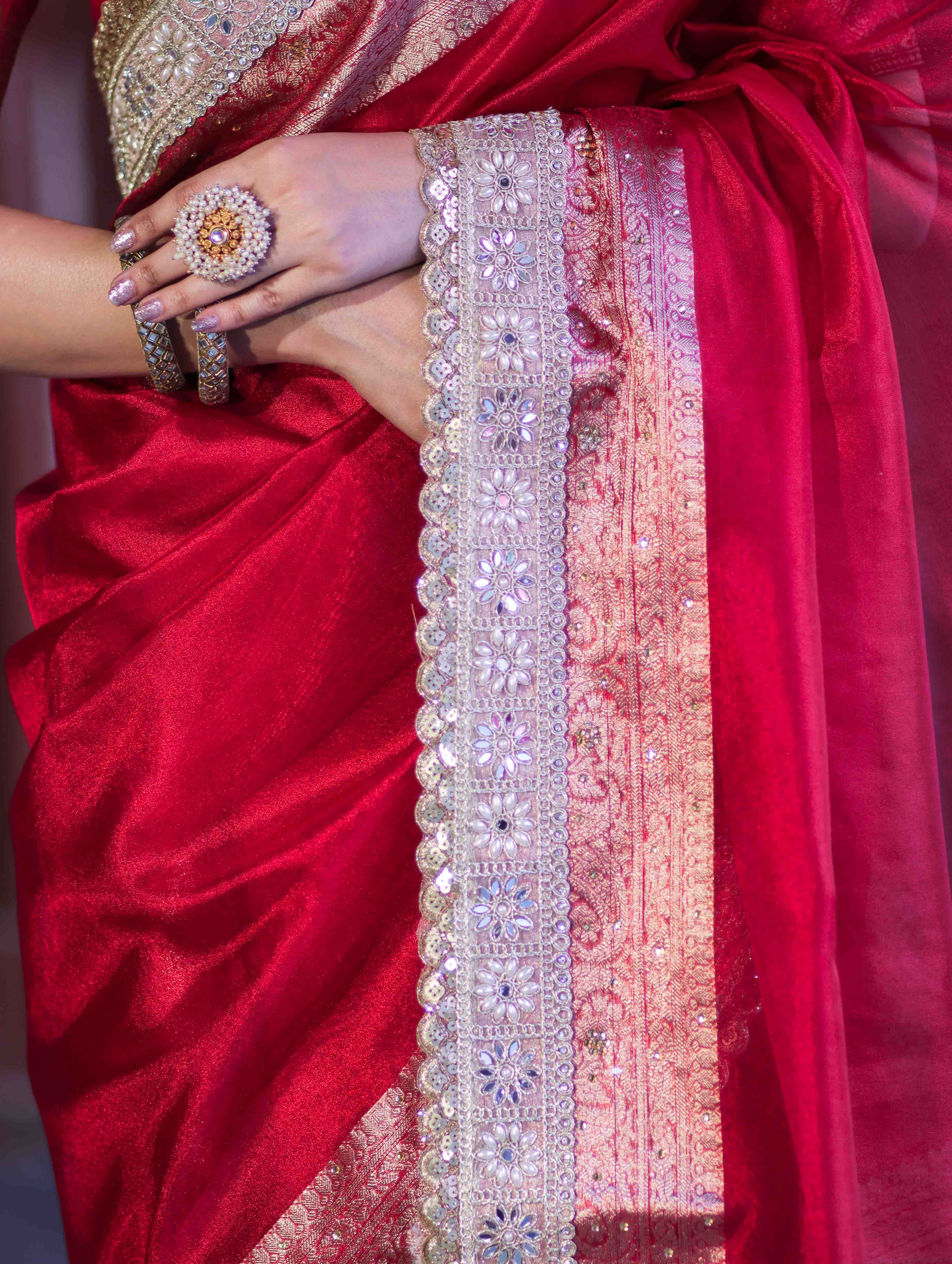 Banarasee Plain Tissue Saree With Swarovski Work Pallu & Zari Lace Border-Red