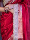 Banarasee Plain Tissue Saree With Swarovski Work Pallu & Zari Lace Border-Red