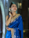 Banarasee Handloom Semi Silk Saree With Zari Buti Design Border & Lace-Blue