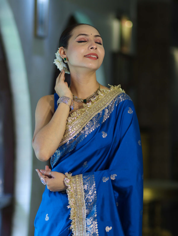 Banarasee Handloom Semi Silk Saree With Zari Buti Design Border & Lace-Blue