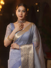Banarasee Organza Dual Color Plain Saree With Zari Border Design-Pastel Blue