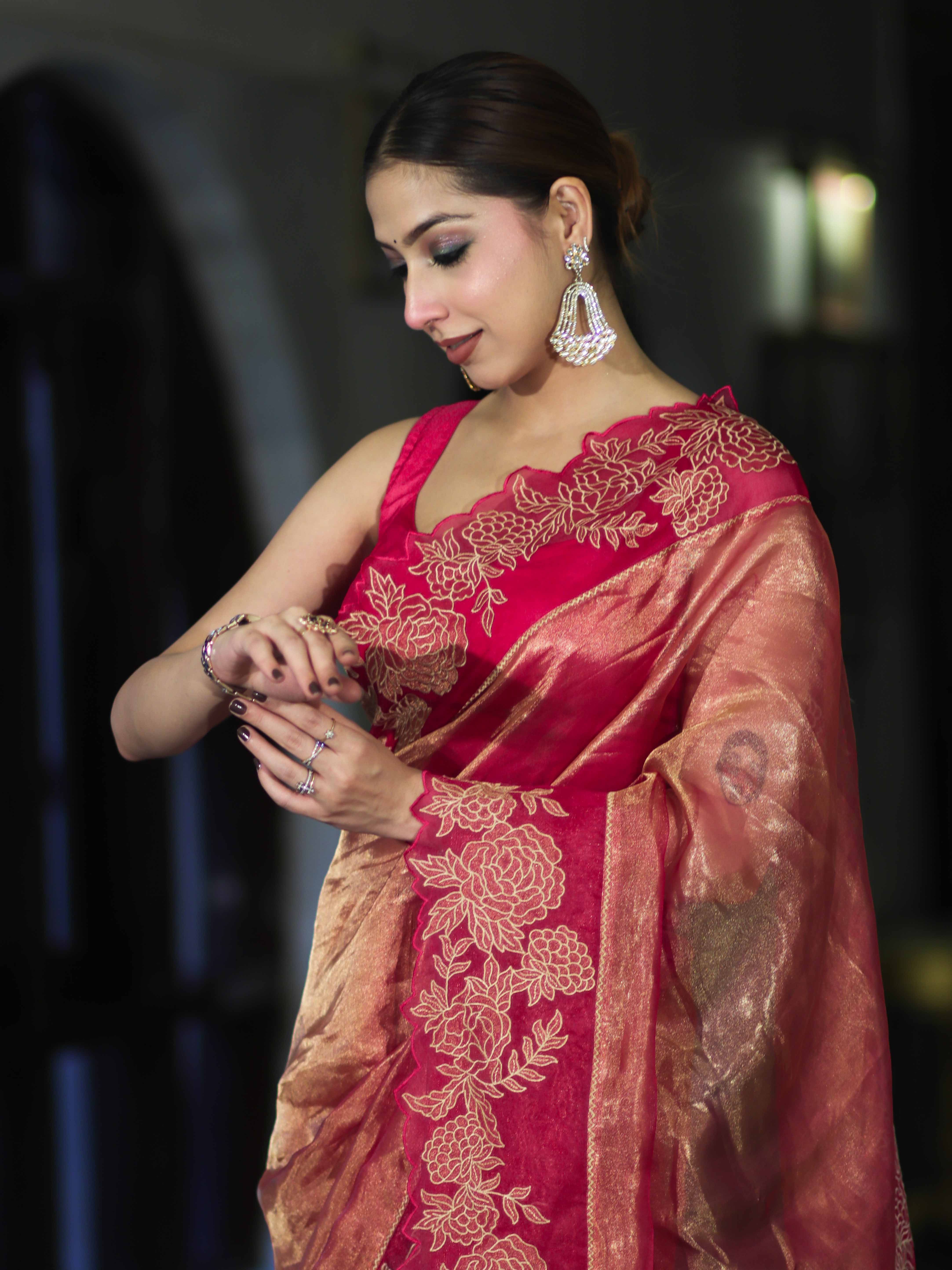 Banarasee Pure Tissue Silk Saree With Applique Cutwork Floral Embroidery Border-Pink (Gold Tone)