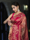 Banarasee Pure Tissue Silk Saree With Applique Cutwork Floral Embroidery Border-Pink (Gold Tone)