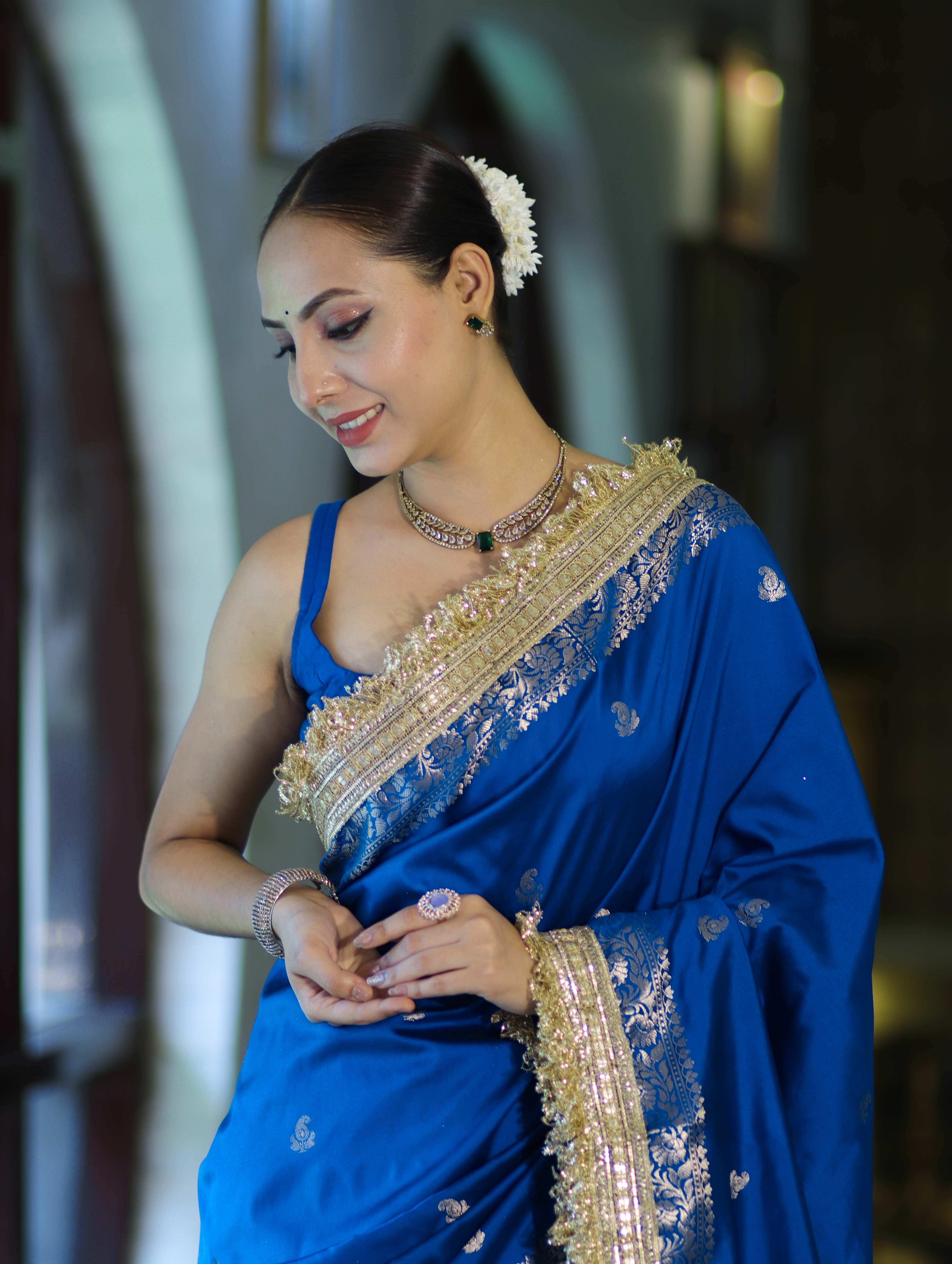 Banarasee Handloom Semi Silk Saree With Zari Buti Design Border & Lace-Blue