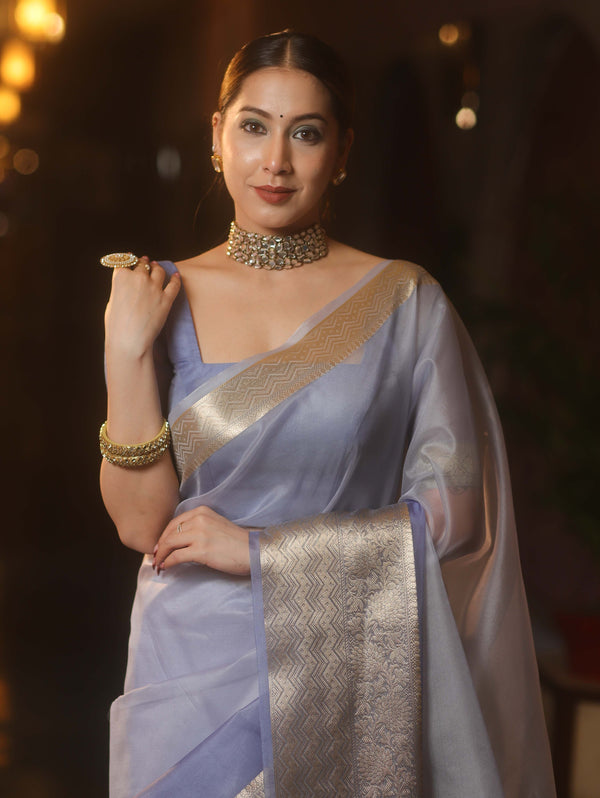 Banarasee Organza Dual Color Plain Saree With Zari Border Design-Pastel Blue