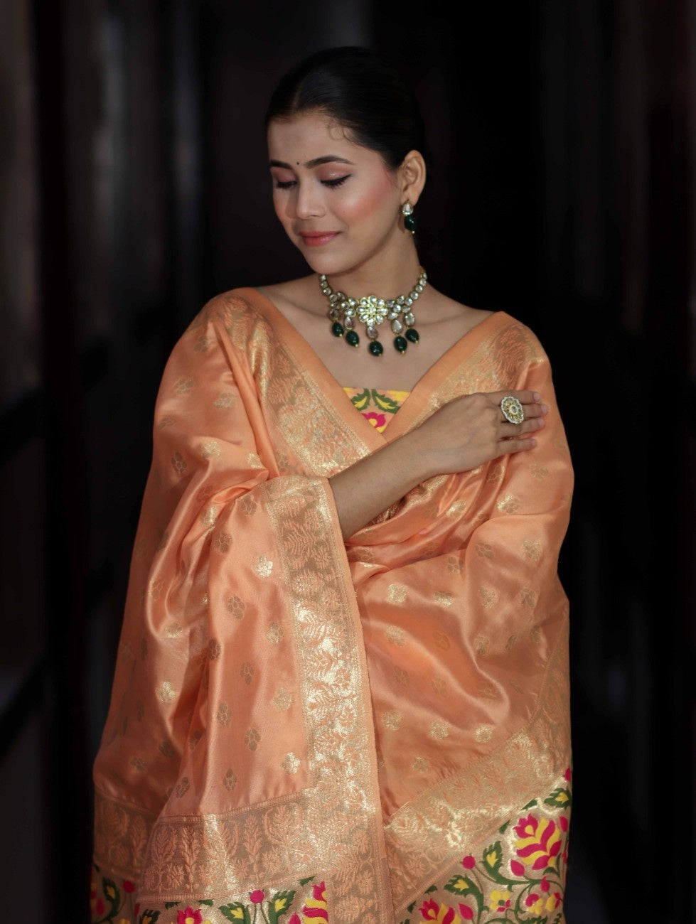 Banarasee Semi-Silk Zari & Resham Work Salwar Kameez Fabric With Dupatta Set-Peach