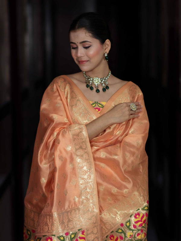 Banarasee Semi-Silk Zari & Resham Work Salwar Kameez Fabric With Dupatta Set-Peach