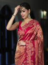 Banarasee Pure Tissue Silk Saree With Applique Cutwork Floral Embroidery Border-Pink (Gold Tone)