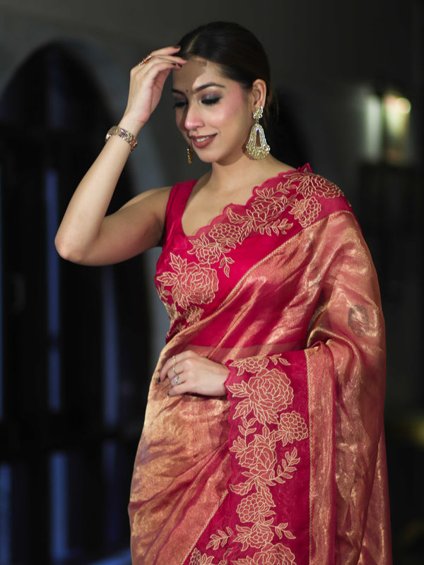Banarasee Pure Tissue Silk Saree With Applique Cutwork Floral Embroidery Border-Pink (Gold Tone)