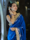 Banarasee Handloom Semi Silk Saree With Zari Buti Design Border & Lace-Blue