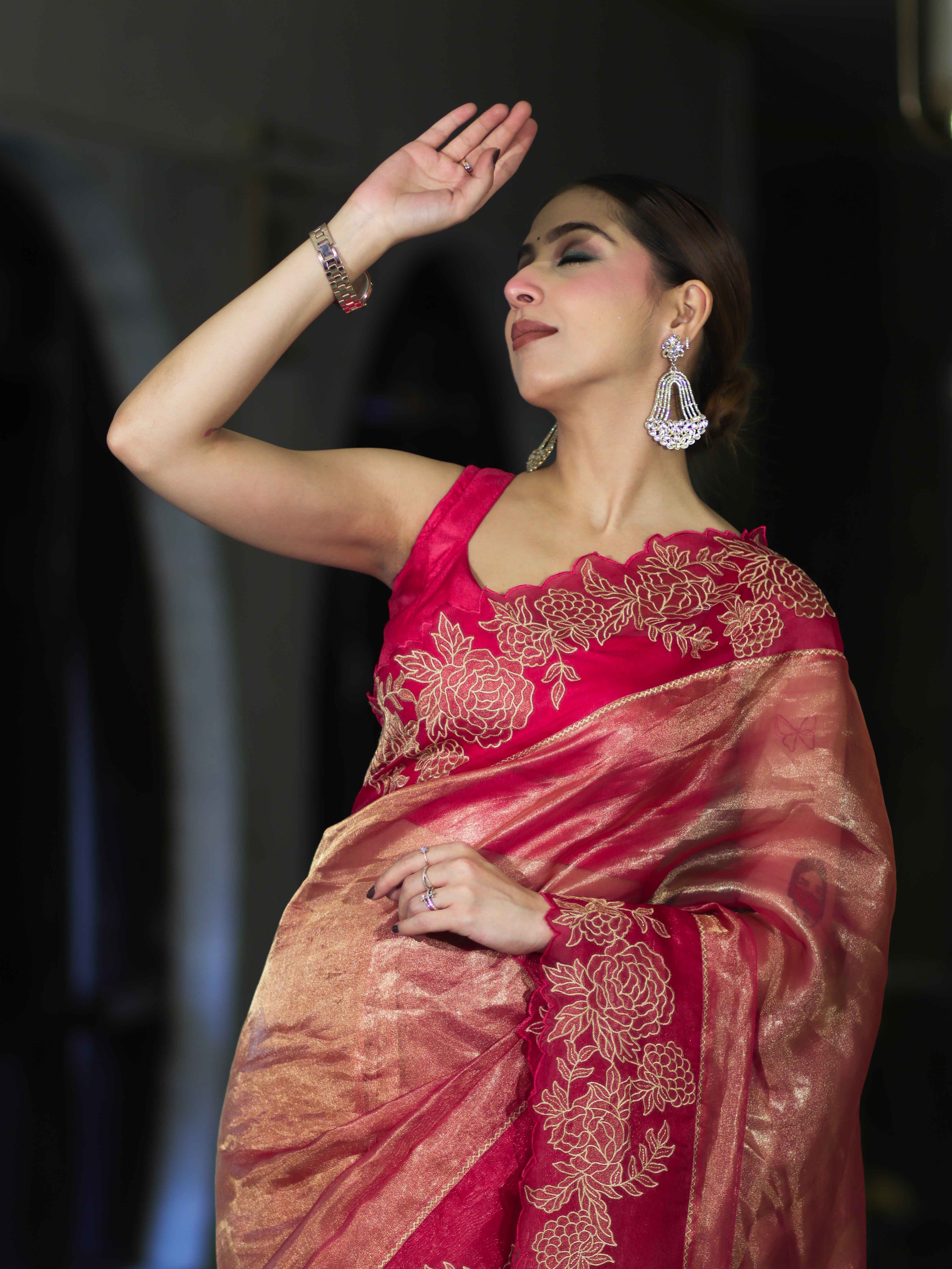 Banarasee Pure Tissue Silk Saree With Applique Cutwork Floral Embroidery Border-Pink (Gold Tone)