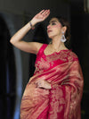 Banarasee Pure Tissue Silk Saree With Applique Cutwork Floral Embroidery Border-Pink (Gold Tone)