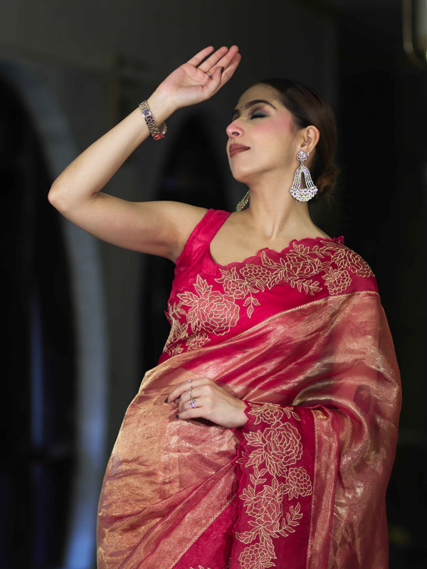 Banarasee Pure Tissue Silk Saree With Applique Cutwork Floral Embroidery Border-Pink (Gold Tone)