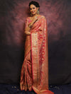 Banarasee Handwoven Semi Silk Saree With Zari Jaal Design-Peach