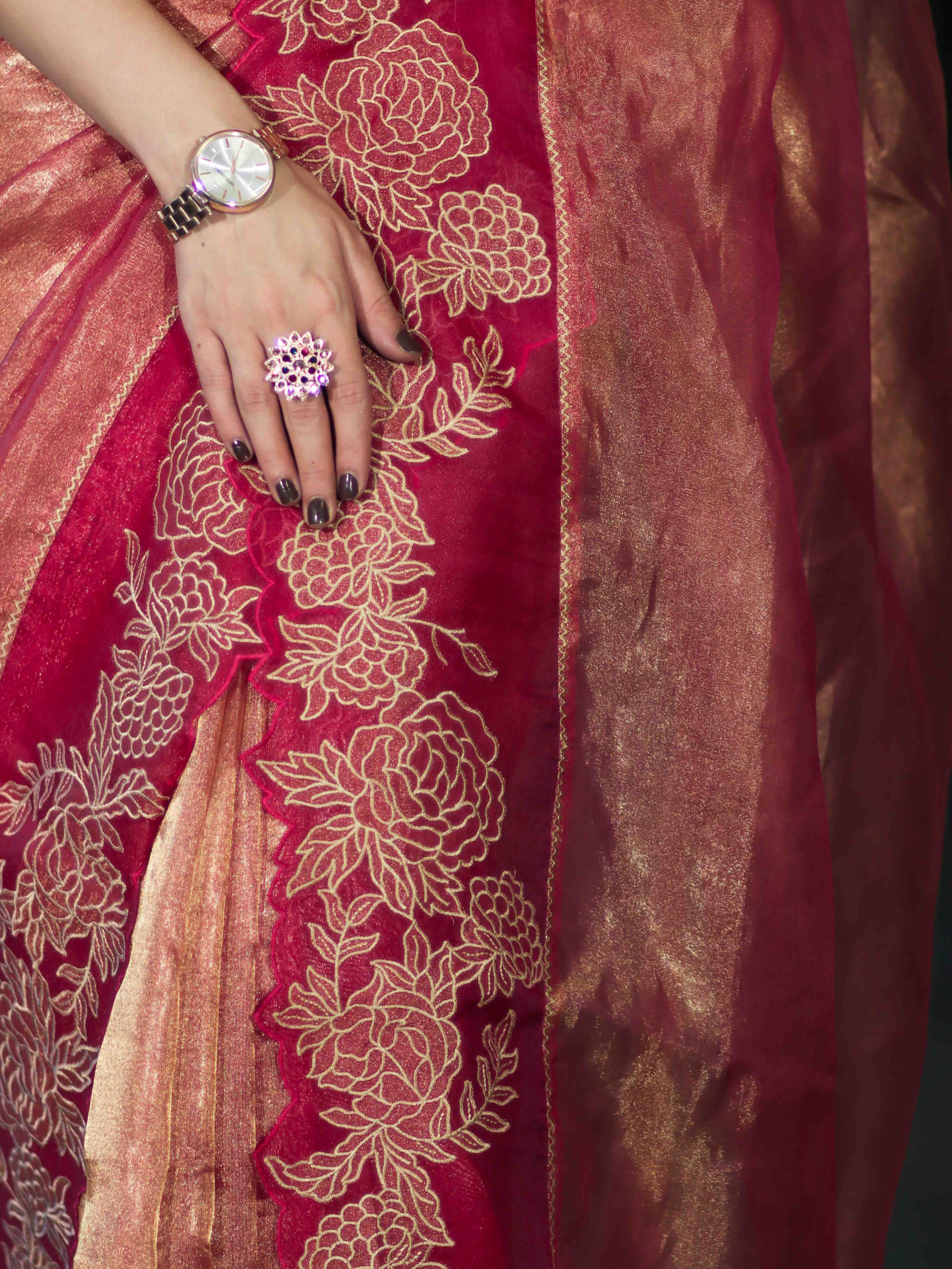 Banarasee Pure Tissue Silk Saree With Applique Cutwork Floral Embroidery Border-Pink (Gold Tone)